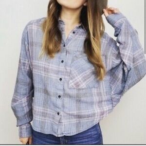 Free People | Women’s Long Sleeve Oversized Wide Arm Blue Pink Plaid Top Size M